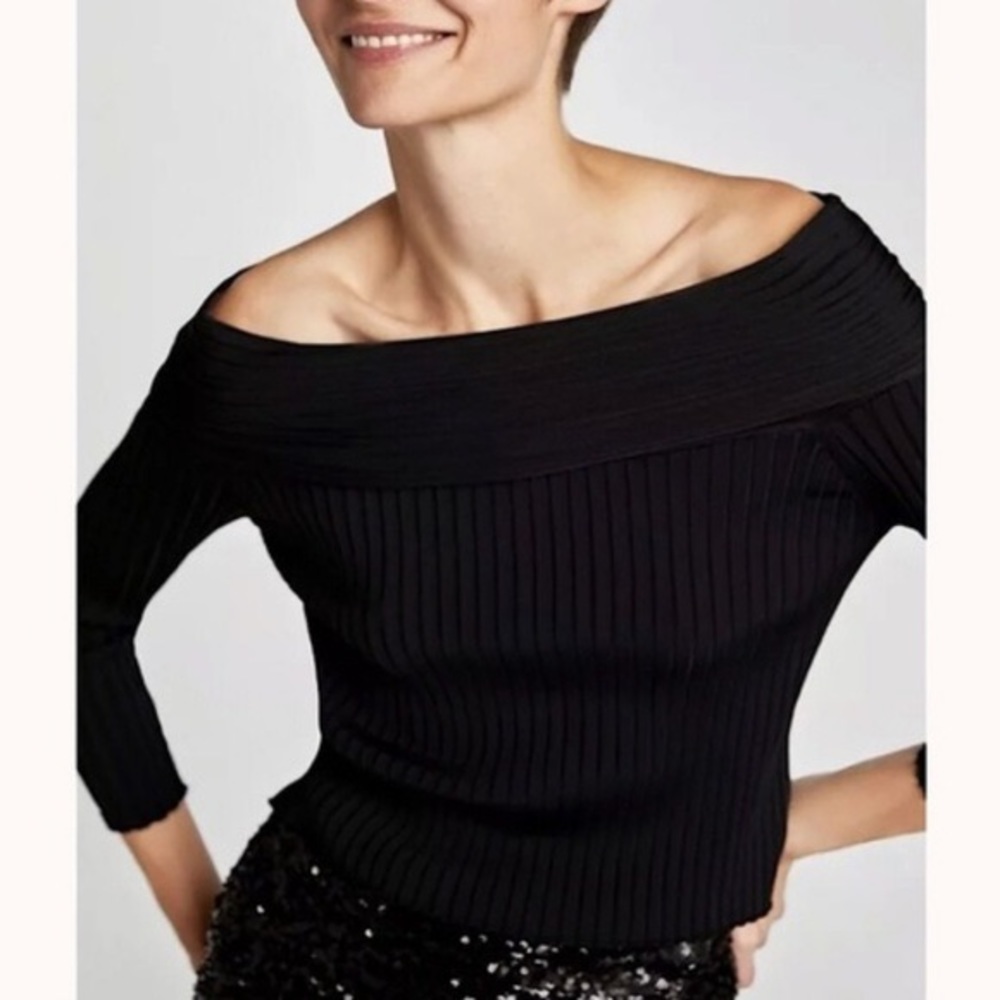 Zara Knit Black Ribbed Off the Shoulder Top